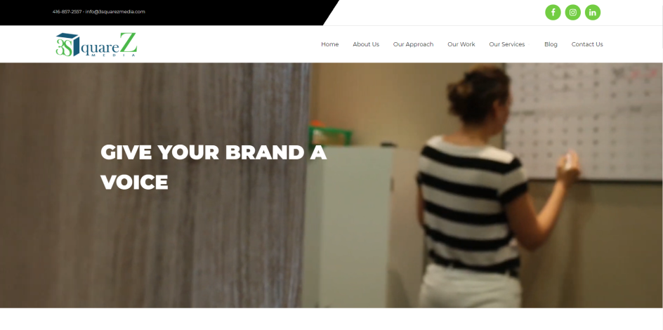 3squarez Media website. words "give your brand a voice" on screen with woman writing on whiteboard in background